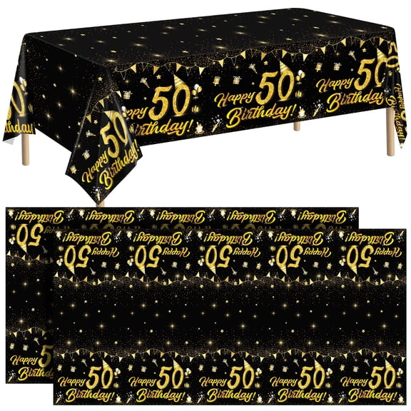 Elcoho 2 Pack 50th Birthday Disposable Plastic Tablecloths, 54 x 108 in Black Gold Rectangular Covers for Indoor Outdoor Birthday Party Supplies