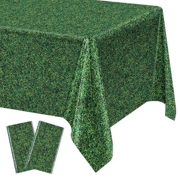 Elcoho 2 Pack Green Grass Tablecloths, 54 x 108 inch Waterproof Grass Print Disposable Plastic Table Cover for Sports Party Table Decor