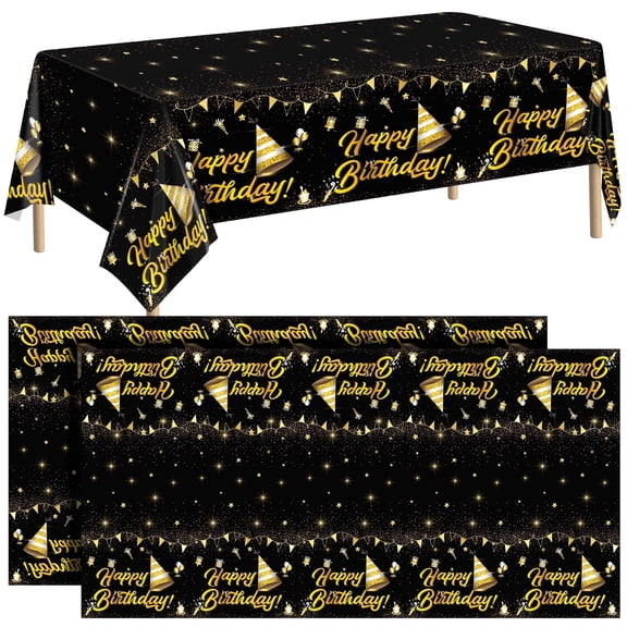 Elcoho 2 Pack Happy Birthday Waterproof Tablecloths, 54" x 108", Black and Gold, Disposable Plastic Rectangular for Indoor Outdoor Birthday Party Supplies