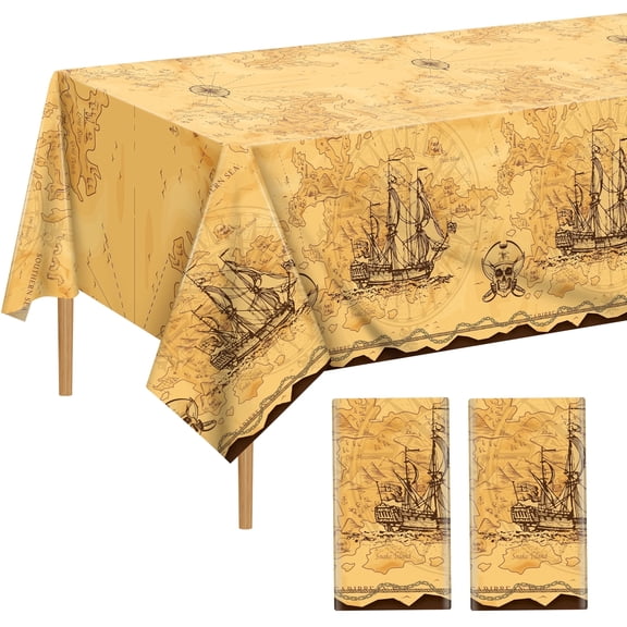 Elcoho 2 Pieces Pirate Treasure Map Tablecloths, 108 x 54 inch Disposable Plastic Table Covers for Navigation Adventure Theme Birthday Party Supplies
