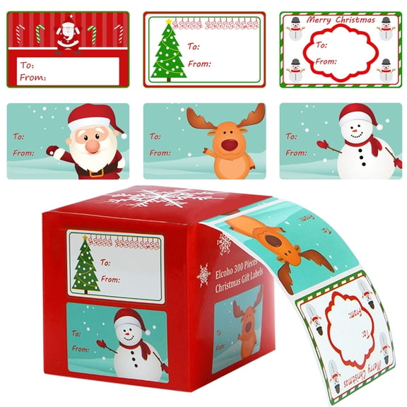 Elcoho 300 Pieces Christmas Self-Adhesive Name Tag Stickers, 6 Assorted Xmas Patterns, Self-Stick Coated Paper Labels for Holiday Packaging, Style B
