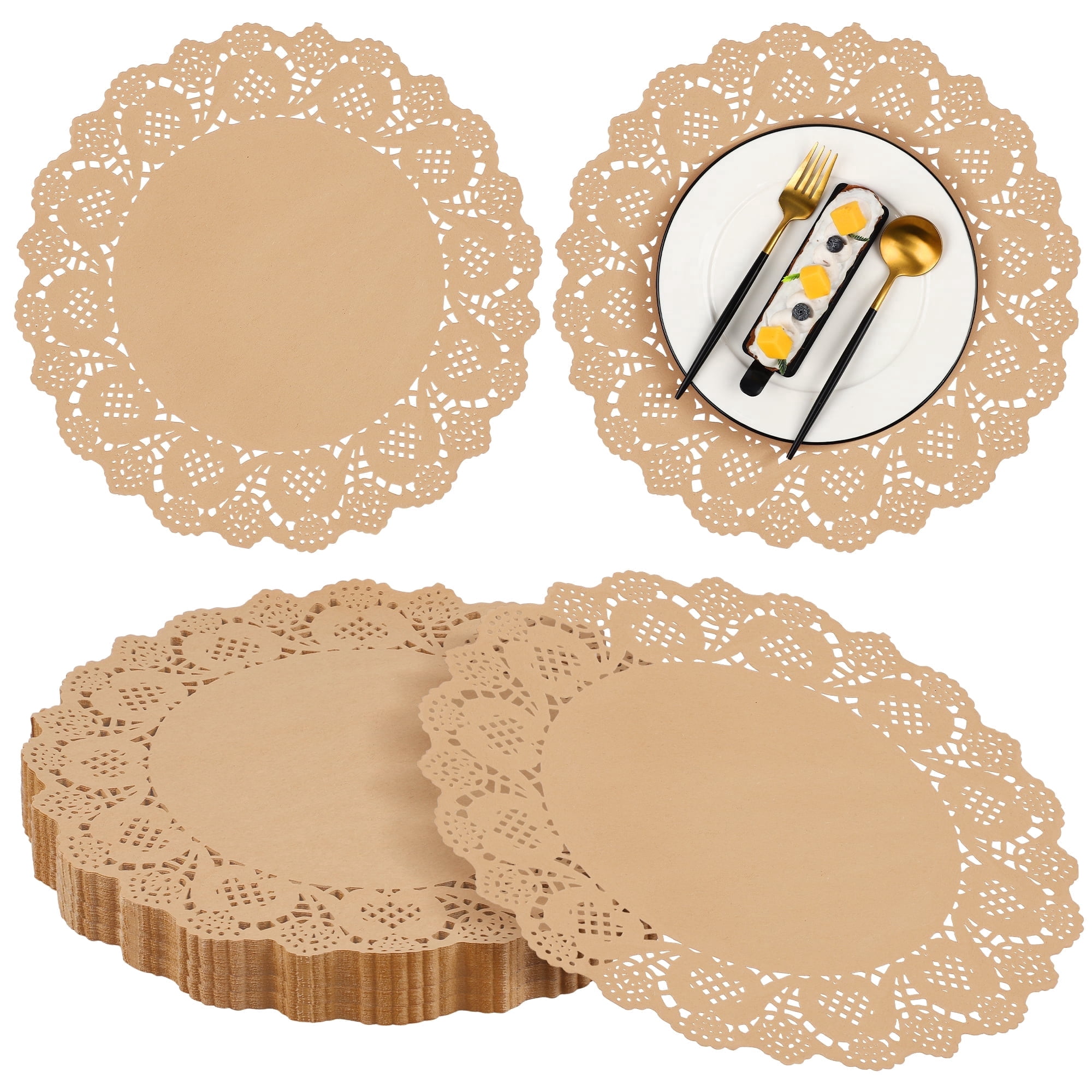 Elcoho 300 Pieces Round Kraft Paper Place Mats 13.5 Inches Lace Paper Doilies Disposable Decorative Table Mats for Weddings Food Cakes Desserts Crafts Party Decor, Brown