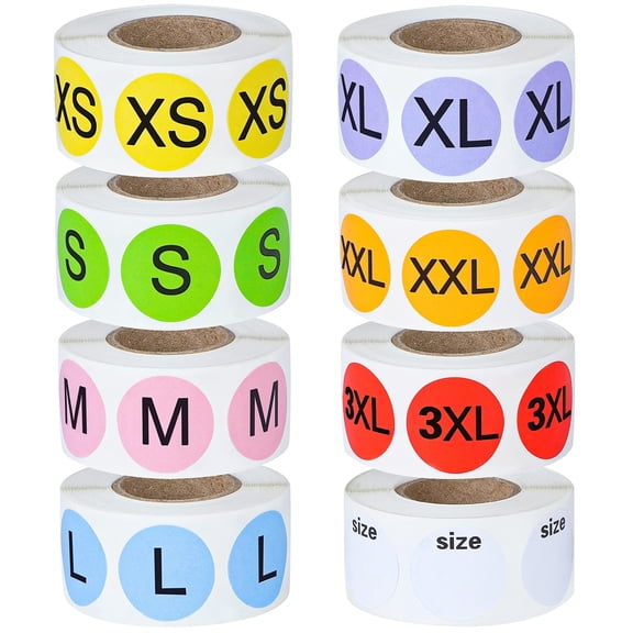Elcoho 4000 Pieces Round Color Size Sticker Labels Self-Adhesive Clothing Size Stickers 8 Rolls 7 Sizes and One Roll Blank Size for Clothing