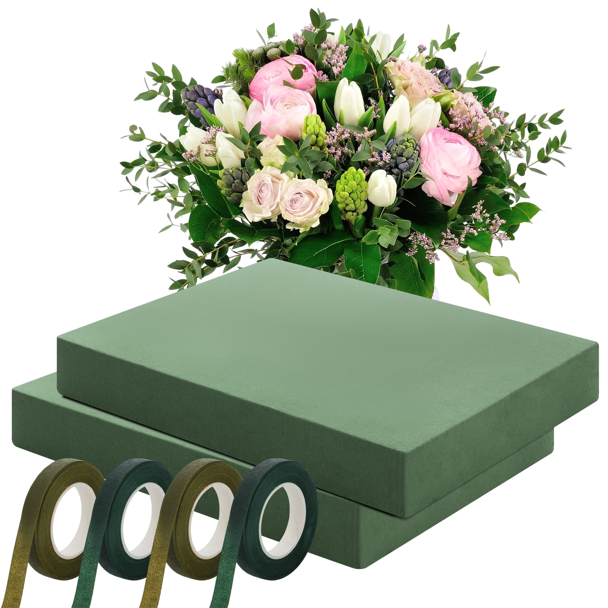 Elcoho 2 Pack Large Floral Foam Block 15.7 x 11.8 x 2.4 in, with 4 Floral Tapes for Fresh Artificial Flowers Bouquets Wedding Home DIY Arrangements