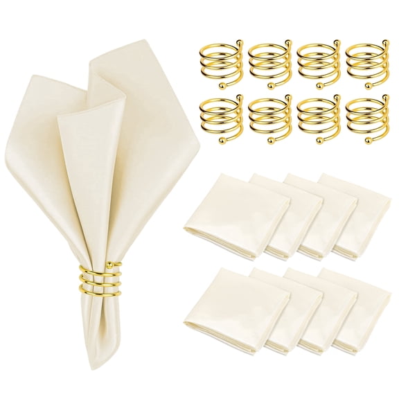 Elcoho Satin Napkins with Napkin Rings Set of 8, 17 x 17 Inch Ivory Cloth Table Napkins and Gold Napkin Holders for Birthday, Wedding, Dinner Party, Family Gathering, Reusable Table Decor