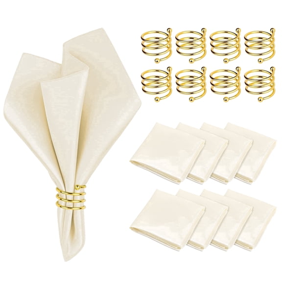 Elcoho Satin Table Linens Set of 8, 17 x 17 inch Ivory Cloth Napkins with Gold Rings, Reusable Dining Decor for Wedding, Birthday, Dinner Party