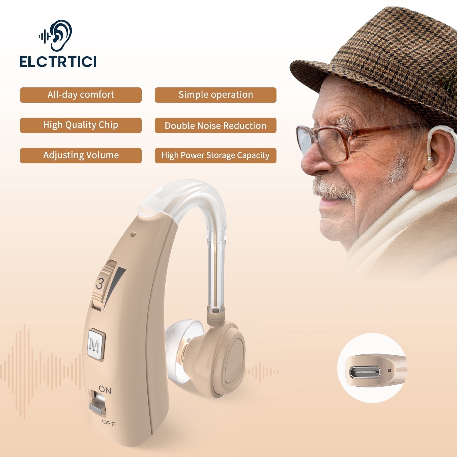 ELCTRTICI Hearing Aids for Seniors, Rechargeable Hearing Aid With Noise Cancelling and Volume Control,2 Frequency Modes,VHP-1303 Single,Beige