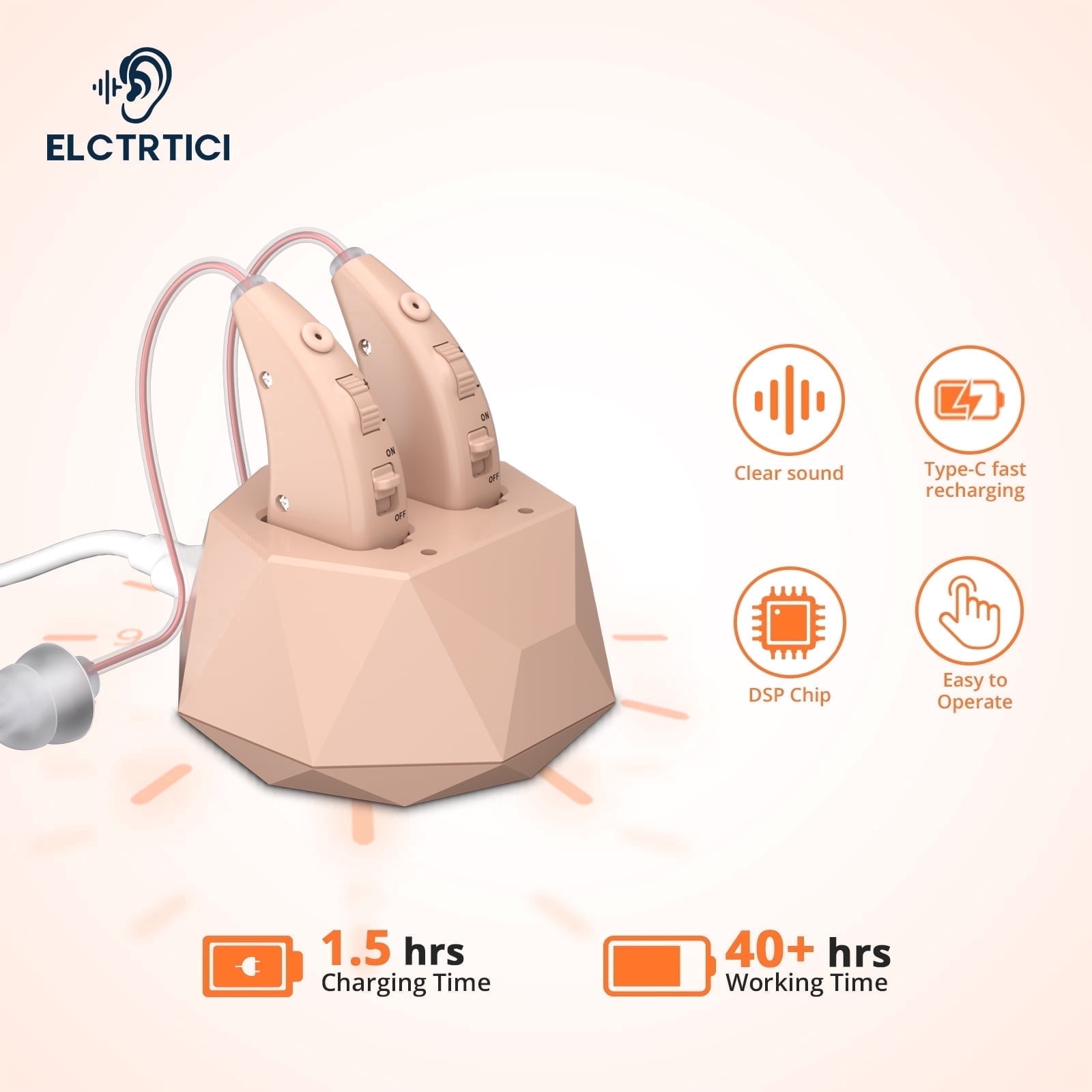 ELCTRTICI Hearing Aids for Seniors, Rechargeable Hearing Aid, VHP-1504 Binaural, Beige