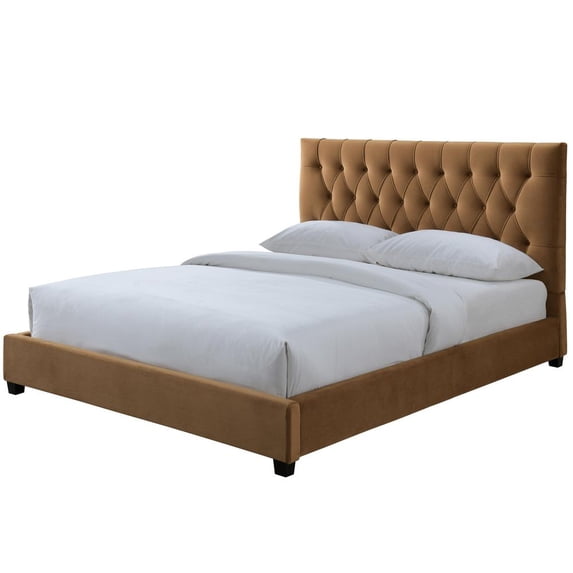Elda Mid Century Modern Cognac Tan Velvet Upholstered Queen Platform Bed