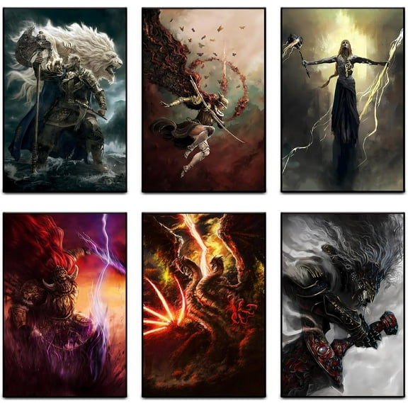 Elden Ring Canvas Posters (Set of 6), Malenia, Radagon and Godfrey, Radahn and Maliketh, Lichdragon Fortissax Canvas Poster, Game Bedroom Decoration Gift, Style, 8x12 inches Unframed
