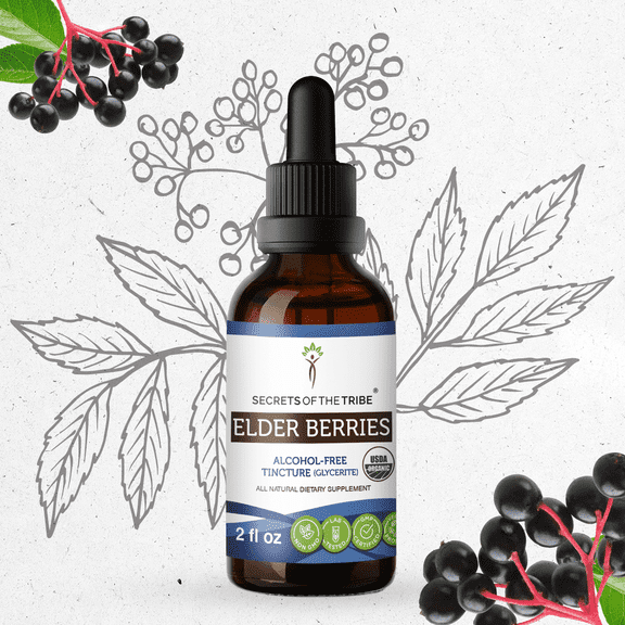 Secrets Of The Tribe Elder Berries Organic Dietary Supplement, Natural Herbal Tincture for Antioxidant Support, Certified Organic Elder Berries (Sambucus nigra) Dried Berry, Alcohol-Free Extract 2 oz