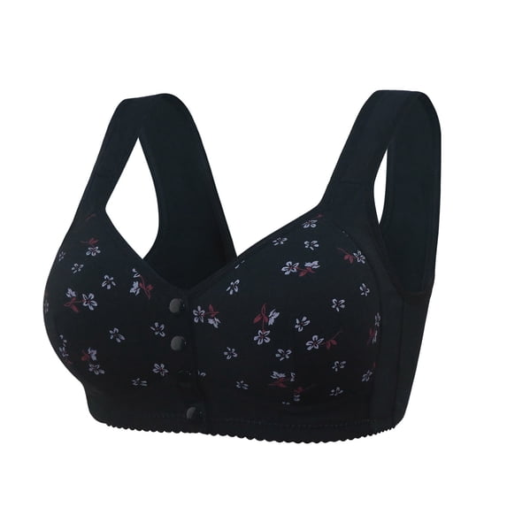 Elder Comfortable Plus Size Bra - Front Closure for Seniors Daily Wear - Soft Cups Breathable Wireless Flower Printed Underwear Ladies Bralettes for Lady Black 62