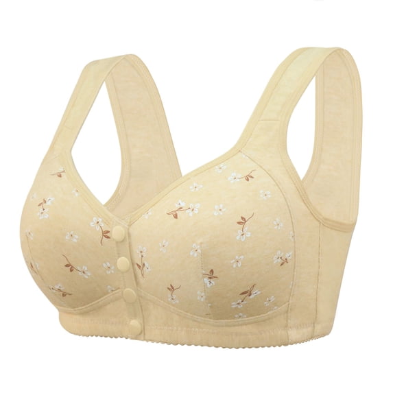 Elder Comfortable Plus Size Bra - Front Closure for Seniors Daily Wear - Soft Cups Breathable Wireless Flower Printed Underwear Ladies Sports Bra Beige 54