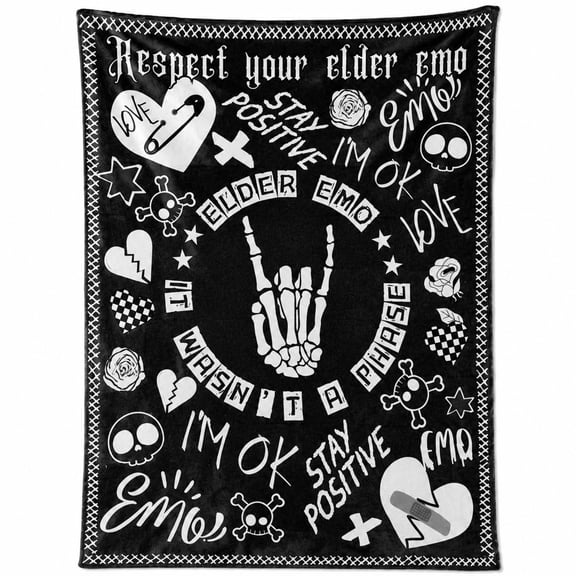Elder Emo Gothic Skull Fleece Blanket, Black 280gsm Polyester Throw
