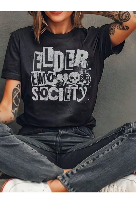 Elder Emo Society Graphic T-Shirt, Alternative Goth Punk Style Short Sleeve Tee for Adults, Black