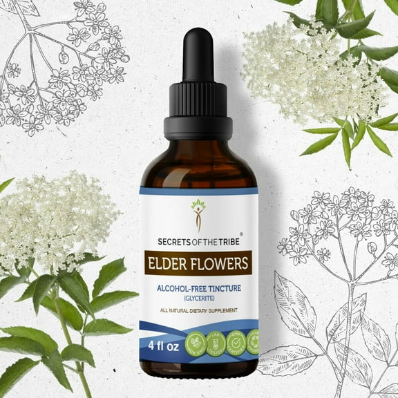 Secrets Of The Tribe Elder Flowers Tincture Dietary Supplement, Natural Herbal Extract for Natural Detox Support, Elder Flowers (Sambucus nigra) Dried Flowers, Alcohol-Free Extract, Drops 4 oz