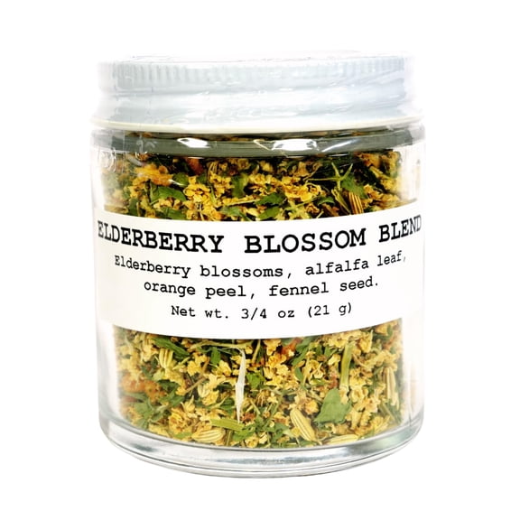 Elderberry Blossom Herbal Tea Blend, 3/4 oz Glass Jar (21 grams) by Smoke Camp Crafts - featuring Elderberry Blossoms, Alfalfa Leaf, Orange Peel, & Fennel Seed