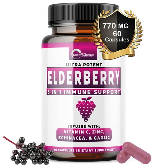 Elderberry Capsules with Vitamin C, Garlic, Echinacea, & Zinc - Black Sambucus Elderberry Extract - 60 Caps