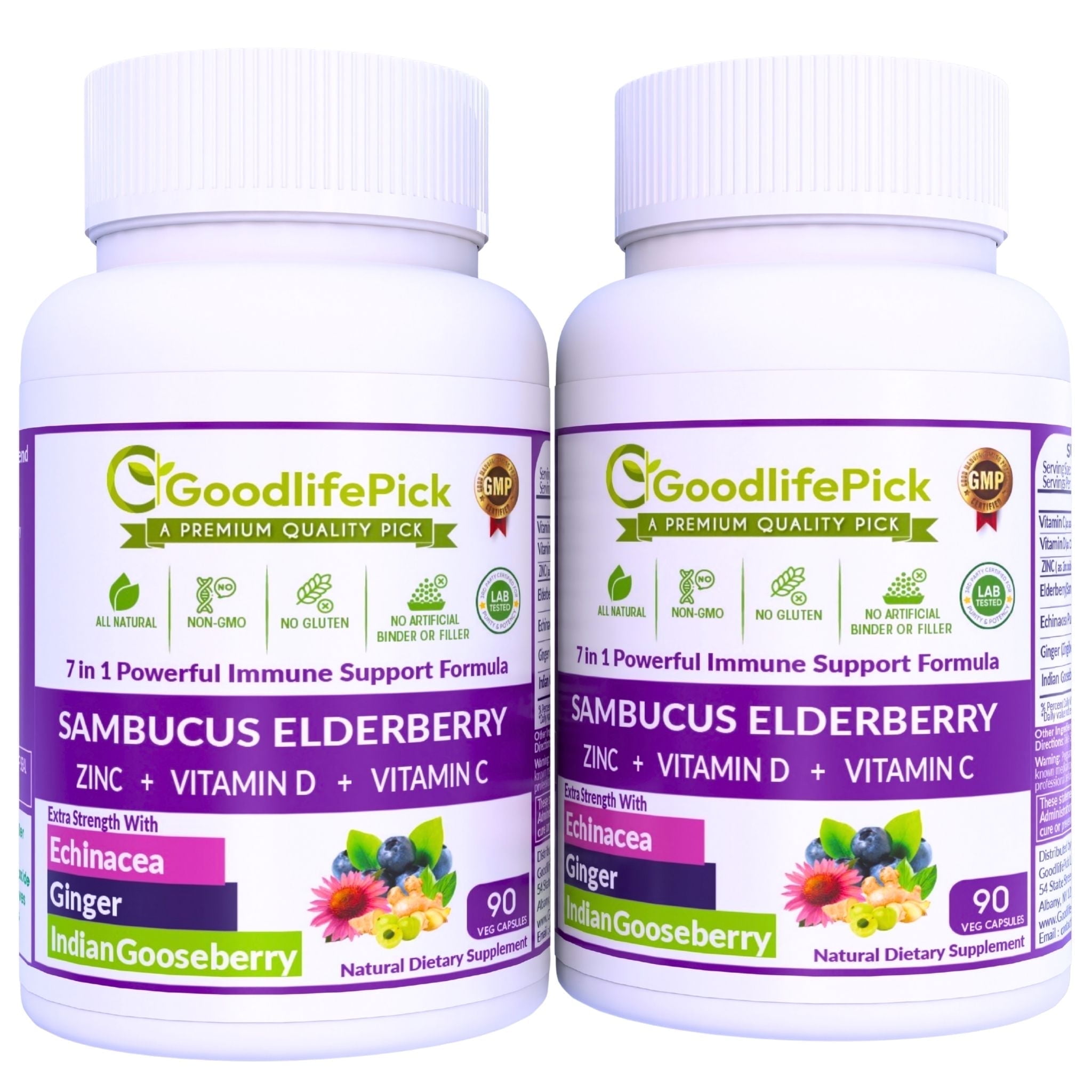 Elderberry Capsules with Zinc, Vitamin C, Vitamin D, Echinacea, Ginger, Amla, Vegan, Non-GMO, 90 Count