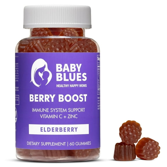 Baby Blues Berry Boost Elderberry Gummies Immune Support for Moms with Vitamin C & Zinc, Vegan, Non-GMO, Raspberry Flavor, 60 Count