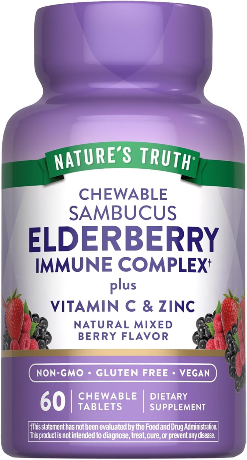 Elderberry Immune Complex | 60 Chewable Tablets | Plus Vitamin C & Zinc | Mixed Berry | by Nature's Truth