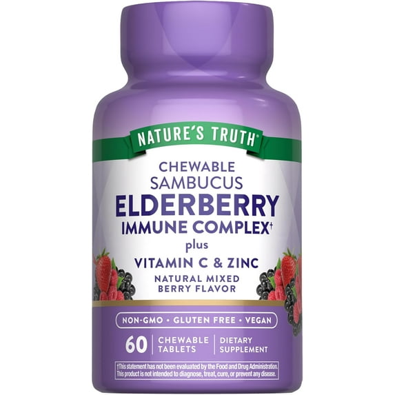 Elderberry Immune Complex | 60 Chewable Tablets | Plus Vitamin C & Zinc | Mixed Berry | by Nature's Truth