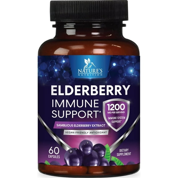 Elderberry Capsules 1200mg - Sambucus Immune Support for Adults with Concentrated Sambucus Black Elderberry Extract - Antioxidant Vitamin Vegan Supplement, Gluten Free, Bottled in USA - 60 Capsules
