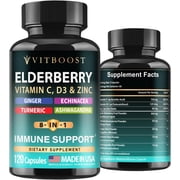 Elderberry Immune Support Supplement 8-in-1 Formula with Echinacea, Vitamin C & Zinc, Vitamin D 5000 IU, Turmeric, Ginger, Ashwagandha   120 Capsules