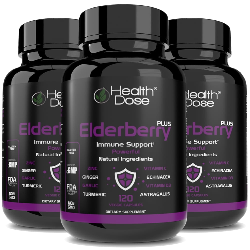 (3 pack) Elderberry Plus 11 in 1 Defense Immune Support Booster by Health Dose, with Vitamin C, Zinc, Echinacea, Vitamin D, Turmeric Curcumin, Ginger, Odorless Garlic, Powerful Supplement, 120 Capsules 2 Month
