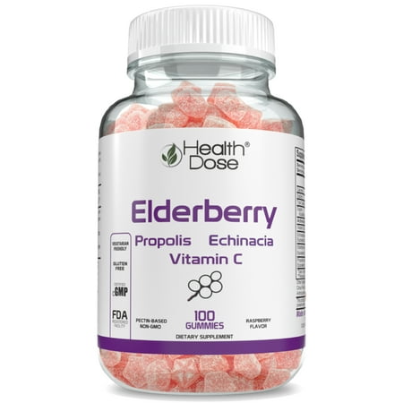 Elderberry Sambucus Gummy Vitamins Men & Women by Health Dose 100 Gummies. With Propolis Extract, Echinacea, Vitamin C, Delicious Raspberry Flavor, Vegan - Gluten-Free, Defense, Immune