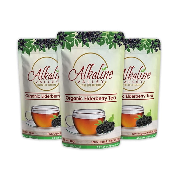 Elderberry Tea Organic - 100% Alkaline - 15 Unbleached/Chemical-Free Elderberry Tea Bags - Pack of 3 - Caffeine-Free, No GMO