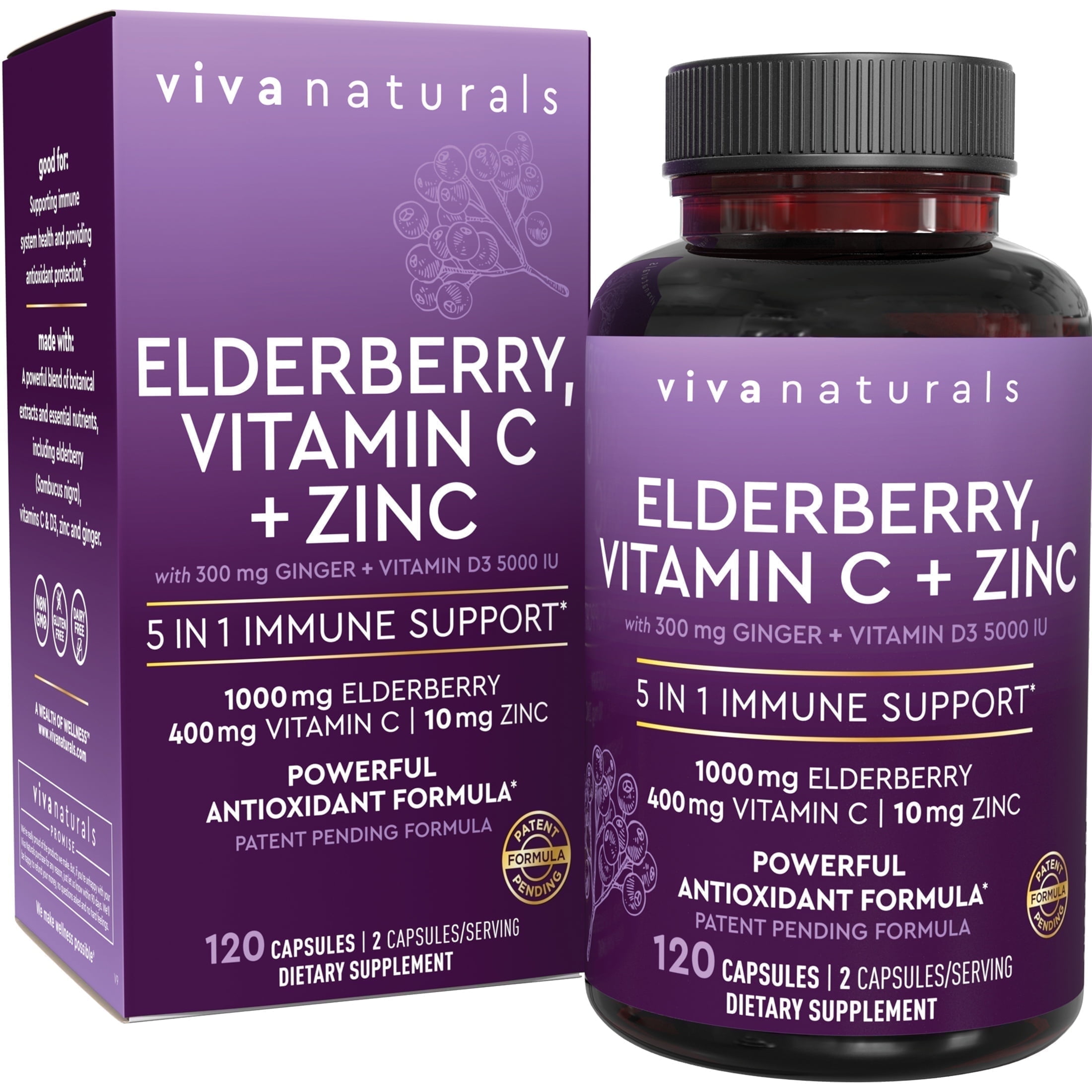 Viva Naturals Elderberry, Vitamin C + Zinc, 120 Capules