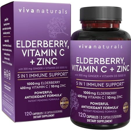 Viva Naturals Elderberry, Vitamin C + Zinc, 120 Capules