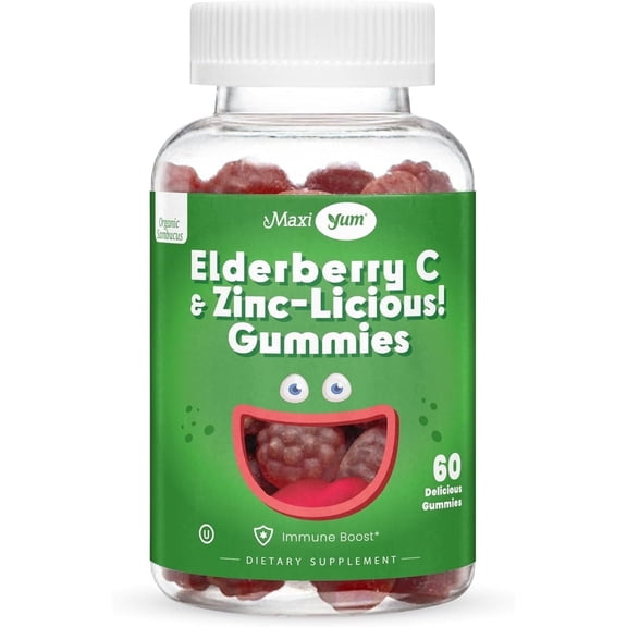 Maxi Health Organic Elderberry Zinc Gummies with Vitamin C  Vegan Immune Support for Adults & Kids  60 Ct