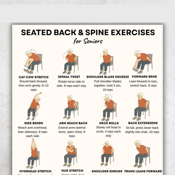 Elderly Chair Back Spine Exercise Poster Chart, Stretching Posture Balance