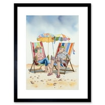 Elderly Couple Enjoying A Summer Beach Day Watercolour Illustration Artwork Framed Print Wall Art 9X7 Inch