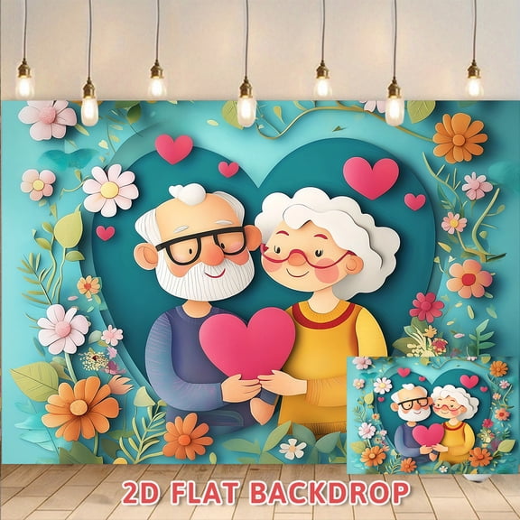 Elderly Couple Heart Floral Backdrop, Perfect for Golden Silver Wedding Anniversary Parties, Family Gatherings, Photography Shoots, Indoor Outdoor Decorative Background