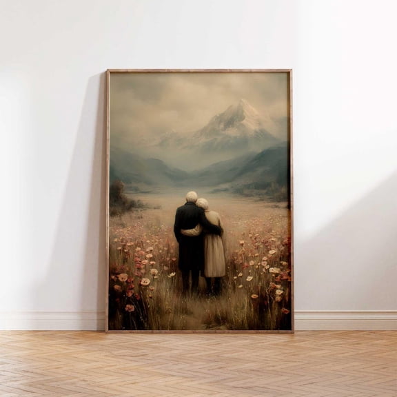 Elderly Couple In Meadow, Romantic Mountain Wall Art, Vintage Love Scene, Rustic Landscape Home Decor #346, Unframed Poster Size 8x12