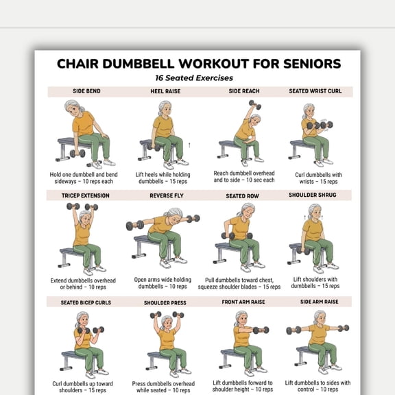 Elderly Dumbbell Chair Exercise Poster, Sitting Exercise, Upper Body Exercise Table Poster, Elderly Home Exercise Poster poster