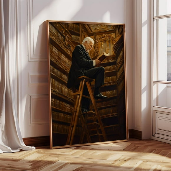 Elderly Gentleman Reading In Ornate Library – Vintage Oil Painting Of Scholar On Ladder Surrounded By Antique Books Wall Art, Modern Wall Decor, 16x24 UNFRAMED
