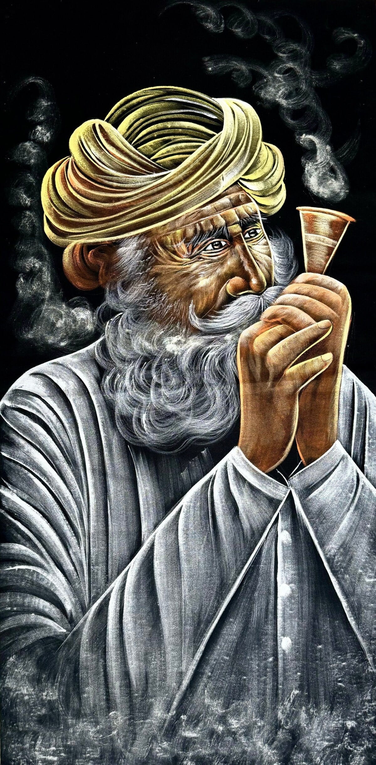 Elderly Man with Traditional Pipe Handmade Velvet Painting | Fabric Painting | Big Wall Art | Home Decor | Hookah | Chilam