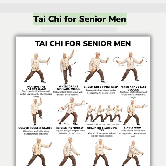 Elderly Men's Tai Chi Poster, Elderly Balance Practice, Tai Chi Routine, Low Intensity Exercise Poster, Elderly Fitness Chart Poster