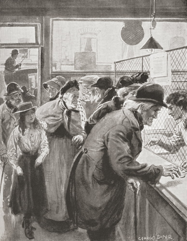 Elderly People Collecting The Old Age Pension Paid For The First Time In Great Britain In January 1909 From The Wonderful Year 1909 Canvas Art - Ken Welsh Design Pics (26 x 34)