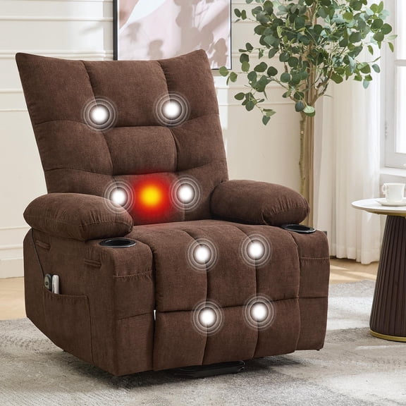 Elderly Power Lift Recliner Chair, Electric Swivel Rocker with Massage & Heat Function, Oversized Padded Upholstery, Cup Holders & Side Pocket, Assist Stand Lounge Sofa, Brown