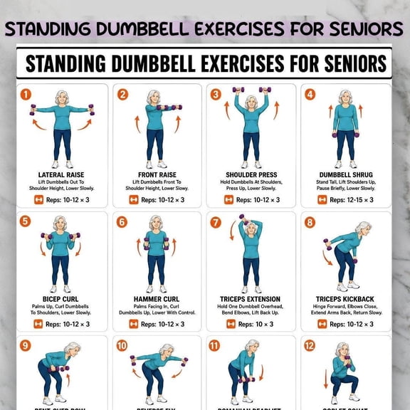 Elderly Standing Dumbbell Practice Poster, 16 Strength Training Posters, Elderly Exercise Chart Poster, Family Exercise Plan Poster