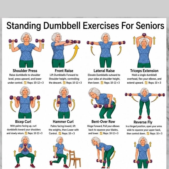 Elderly Standing Dumbbell Practice Posters -16 Strength Training Posters, Elderly Exercise Chart Posters Family Exercise Plan Posters