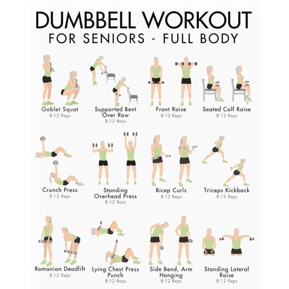 Elderly Weight Training Poster, Elderly Full Body Dumbbell Training Poster, Complete Guide - Pictures And Written Instructions