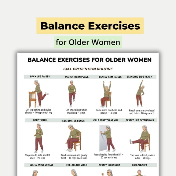 Elderly Women's Balance Exercise Poster, Elderly Exercise Routine, Low Impact Balance Training Poster, Family Planning Stability Exercise Table Poster poster