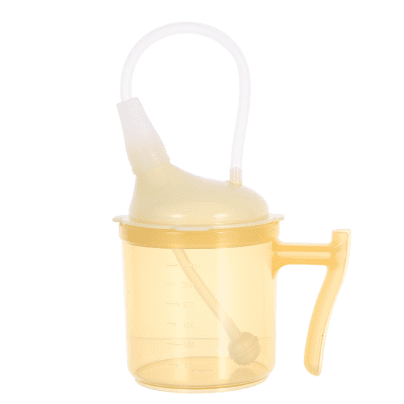 Elderly disabled adult liquid feeding cup with handle and leak proof straw yellow