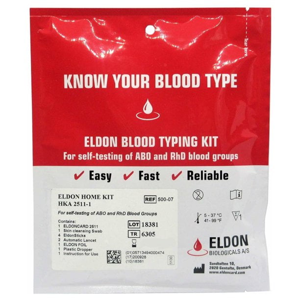 Eldoncard Blood Type Test (Complete Kit) - Air Sealed Envelope, Safety  Lancet, Micropipette, Cleansing Swab 
